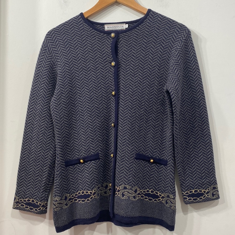 Vintage Magnolia Wool / Wool Blend Cardigan Sweater/Blazer Grey/Navy Blue Size S